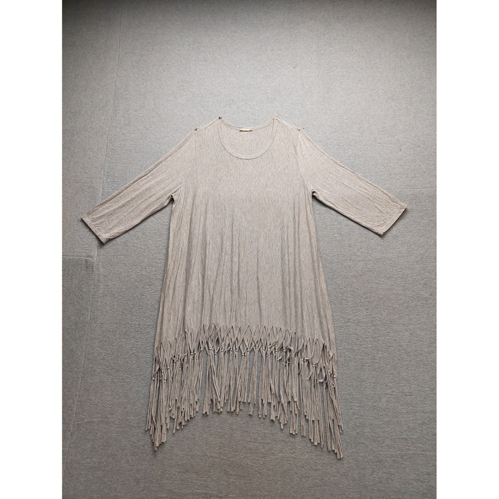 Oddy Women Sweater 3XL Gray Fringe Hem 3/4 Sleeve Lightweight Knit Boho Western